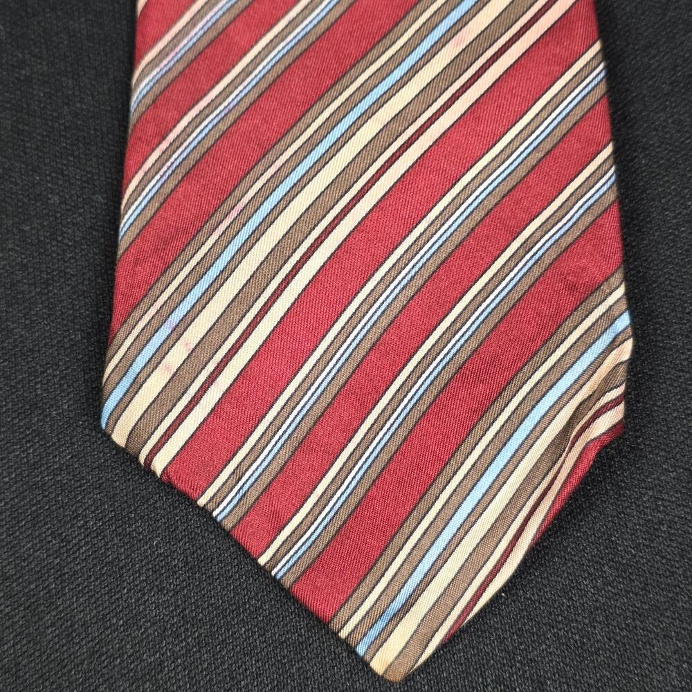 HARDY AMIES Men's Burgandy Blue Tan Striped Silk Tie Classic Width